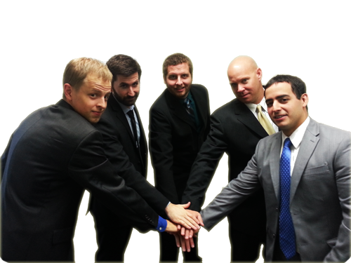 5 men putting their hands together